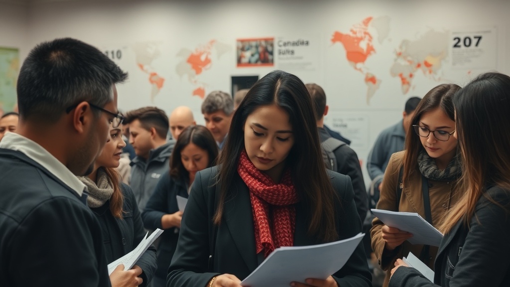 A bustling immigration office in Canada, filled with diverse individuals, some examining documents, with Canadian maps on walls symbolizing immigration pathways. High resolution.