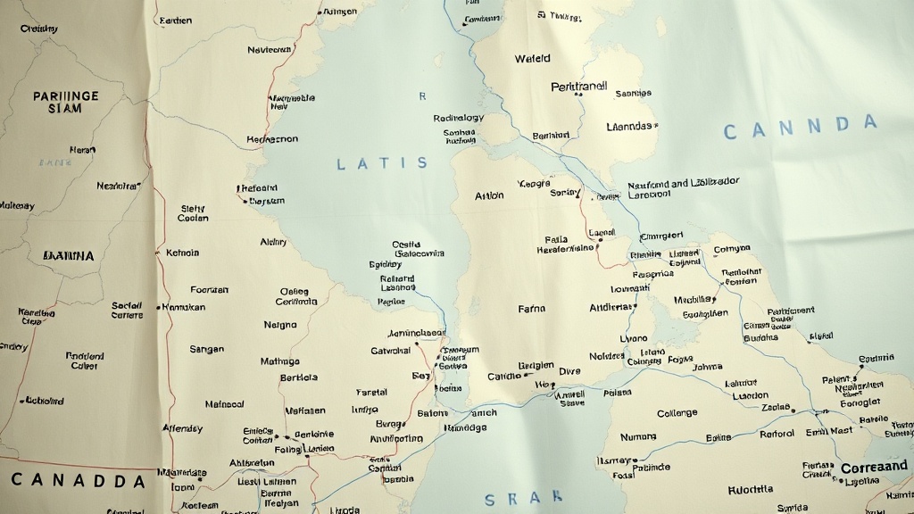 An intricate map illustrating the Atlantic provinces in Canada, with key cities and provinces labeled to show geographical context in relation to Newfoundland and Labrador.