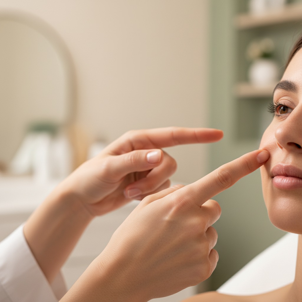 Close-up of hands demonstrating skin texture analysis during consultation