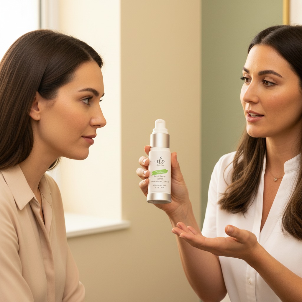 Esthetician speaking with client during skincare education moment