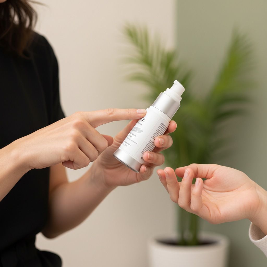 Esthetician presenting skincare products and ingredients during educational consultation
