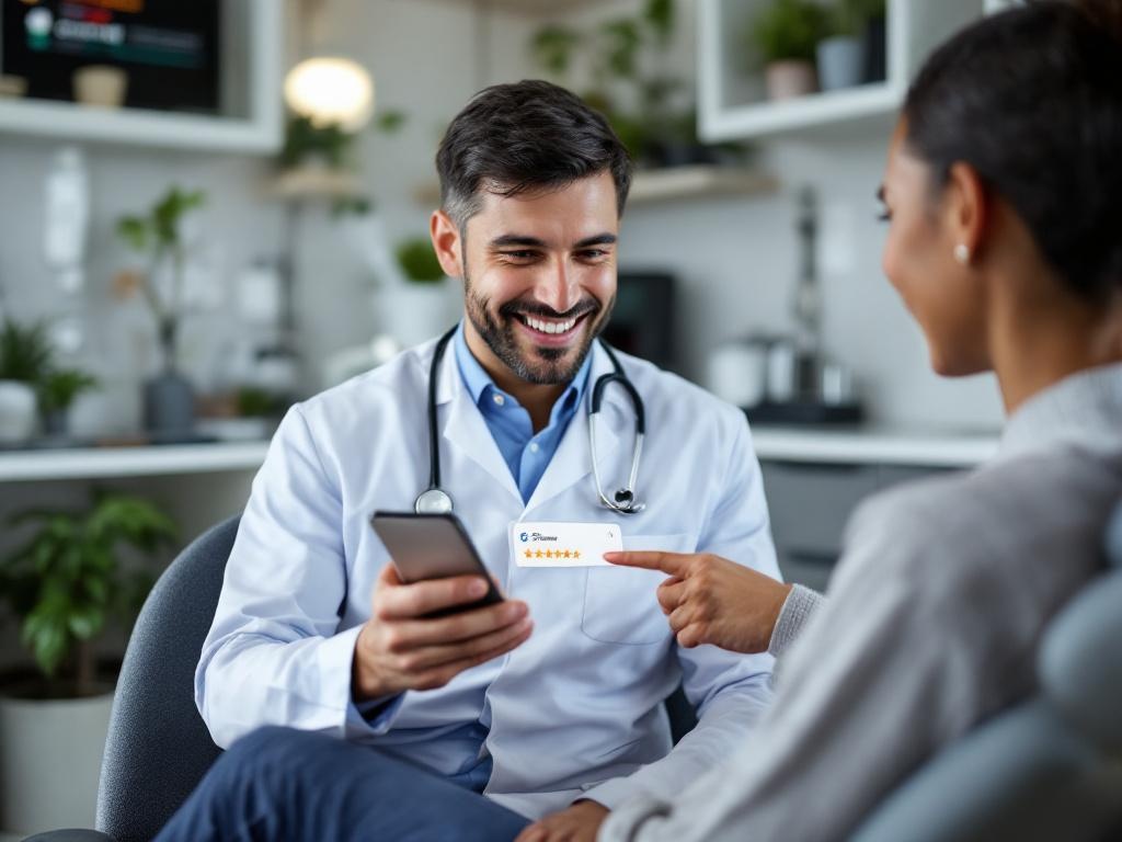 Dentist and patient reviewing Google reviews together on a phone screen in a modern dental office