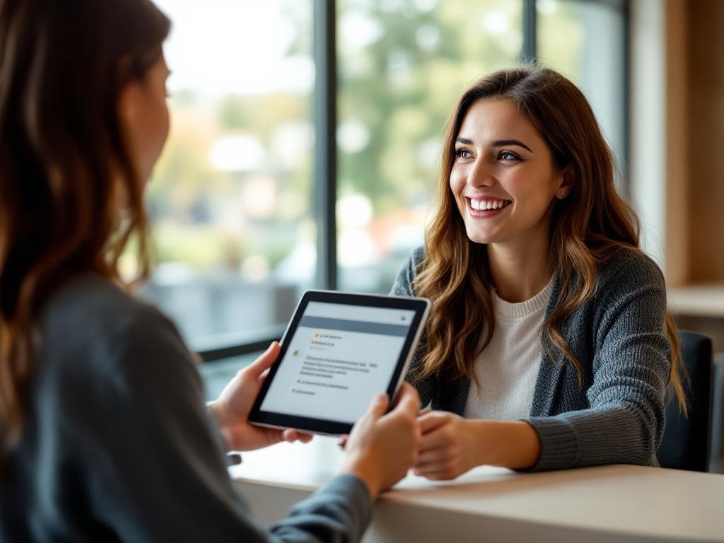 Dental receptionist handing a tablet to a patient showing the Google review link