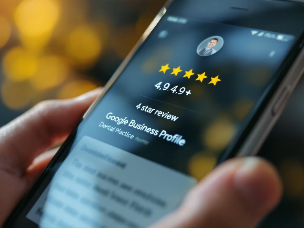 Smartphone showing Google Business Profile with 4.9 star rating and review text on screen