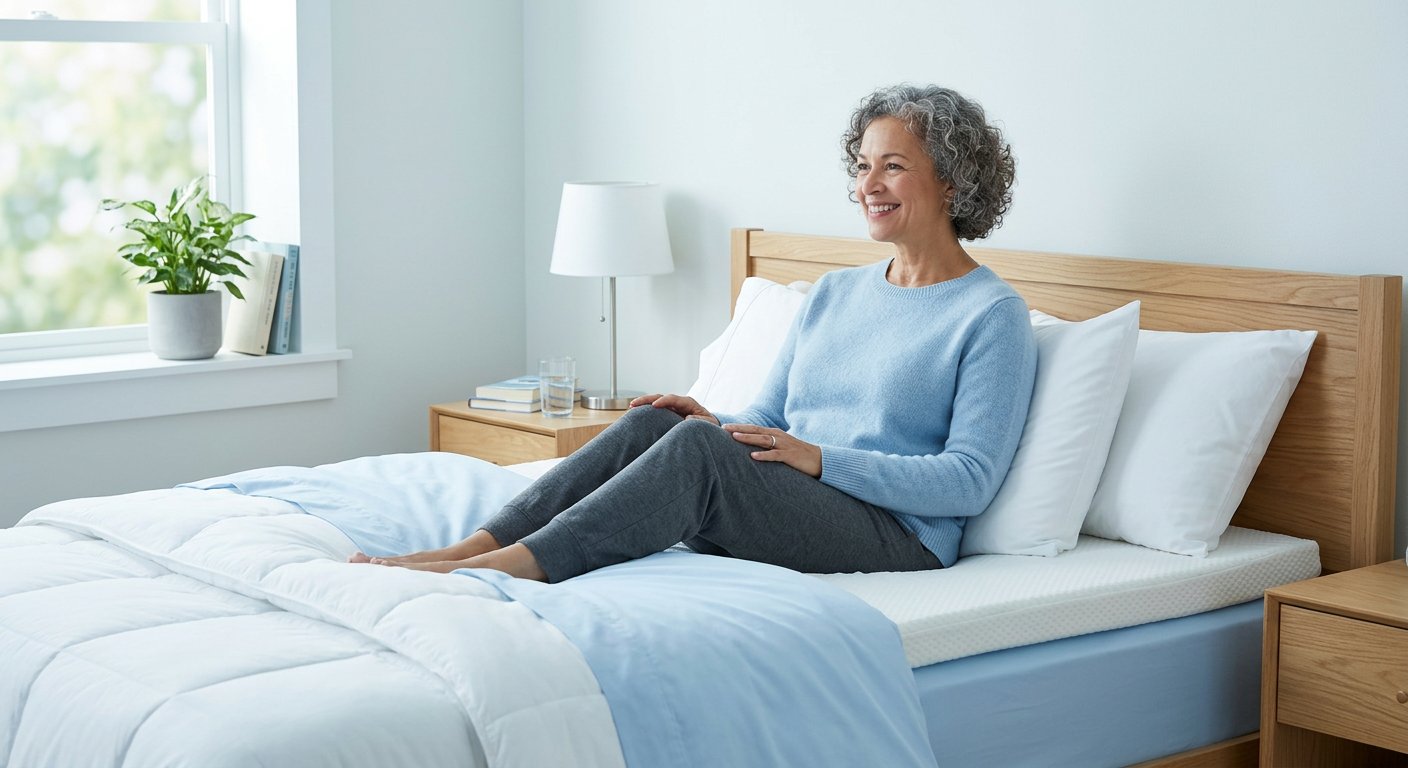 Woman lying awake in bed due to fibromyalgia pain