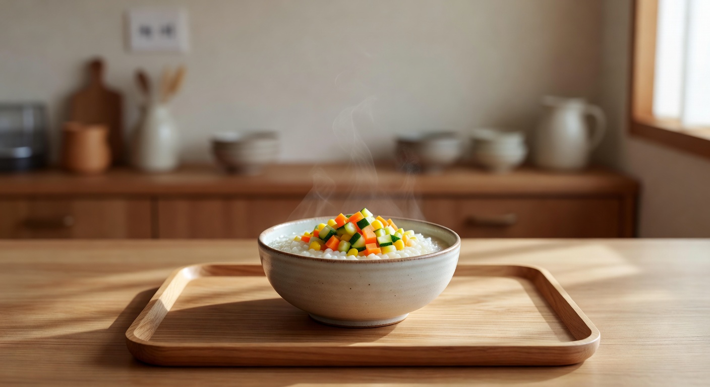 small ceramic baby bowl filled with soft rice porridge and finely chopped vegetables on a wooden tray
