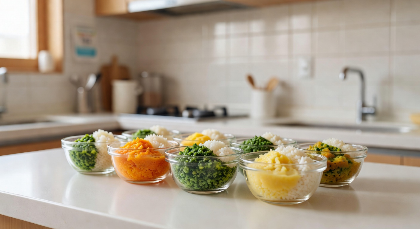 small glass bowls of pureed vegetables and rice on a clean white kitchen counter