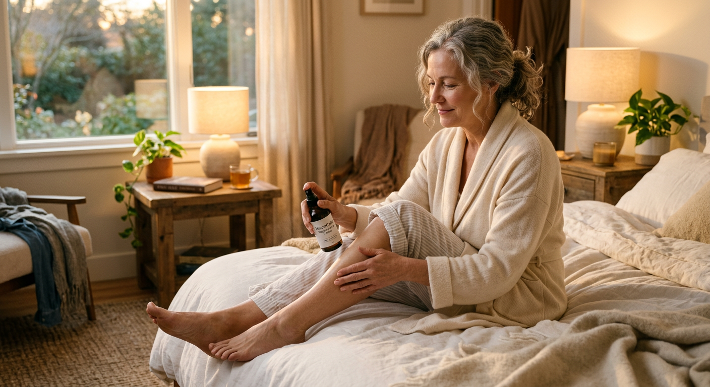 Person applying topical magnesium to legs before bed as part of bedtime routine