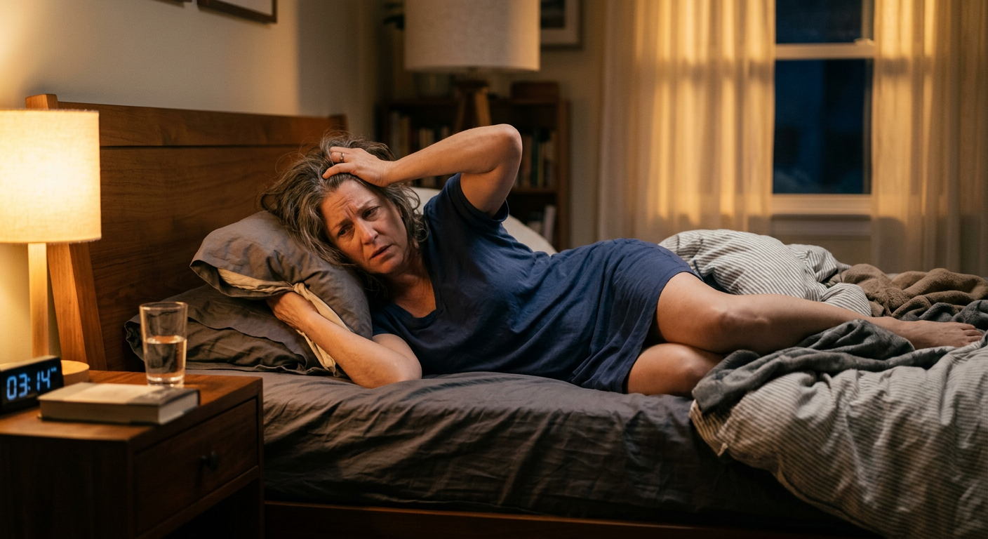 Woman lying in bed at night unable to sleep due to restless legs