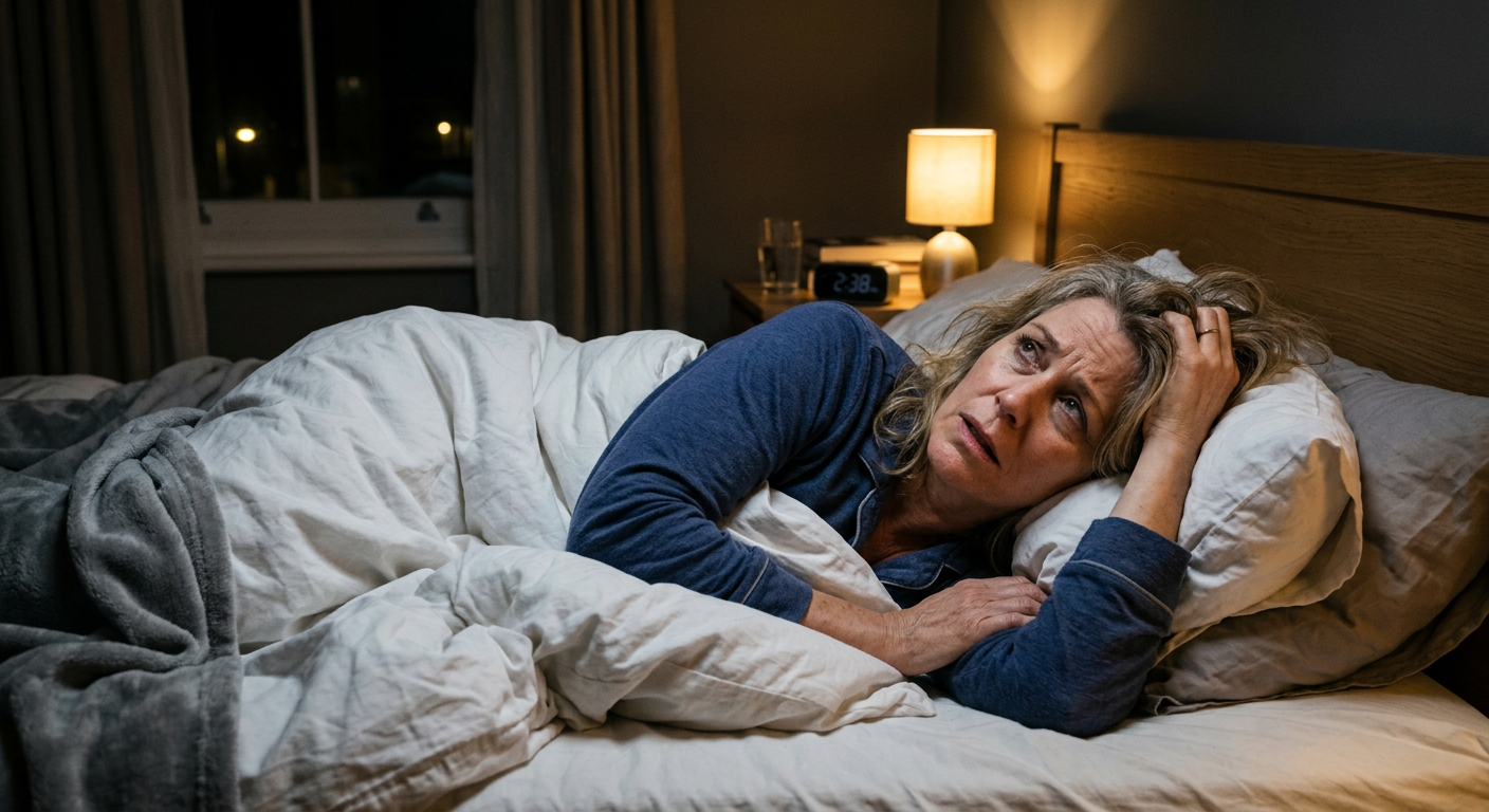 Person lying in bed with uncomfortable leg sensations starting immediately
