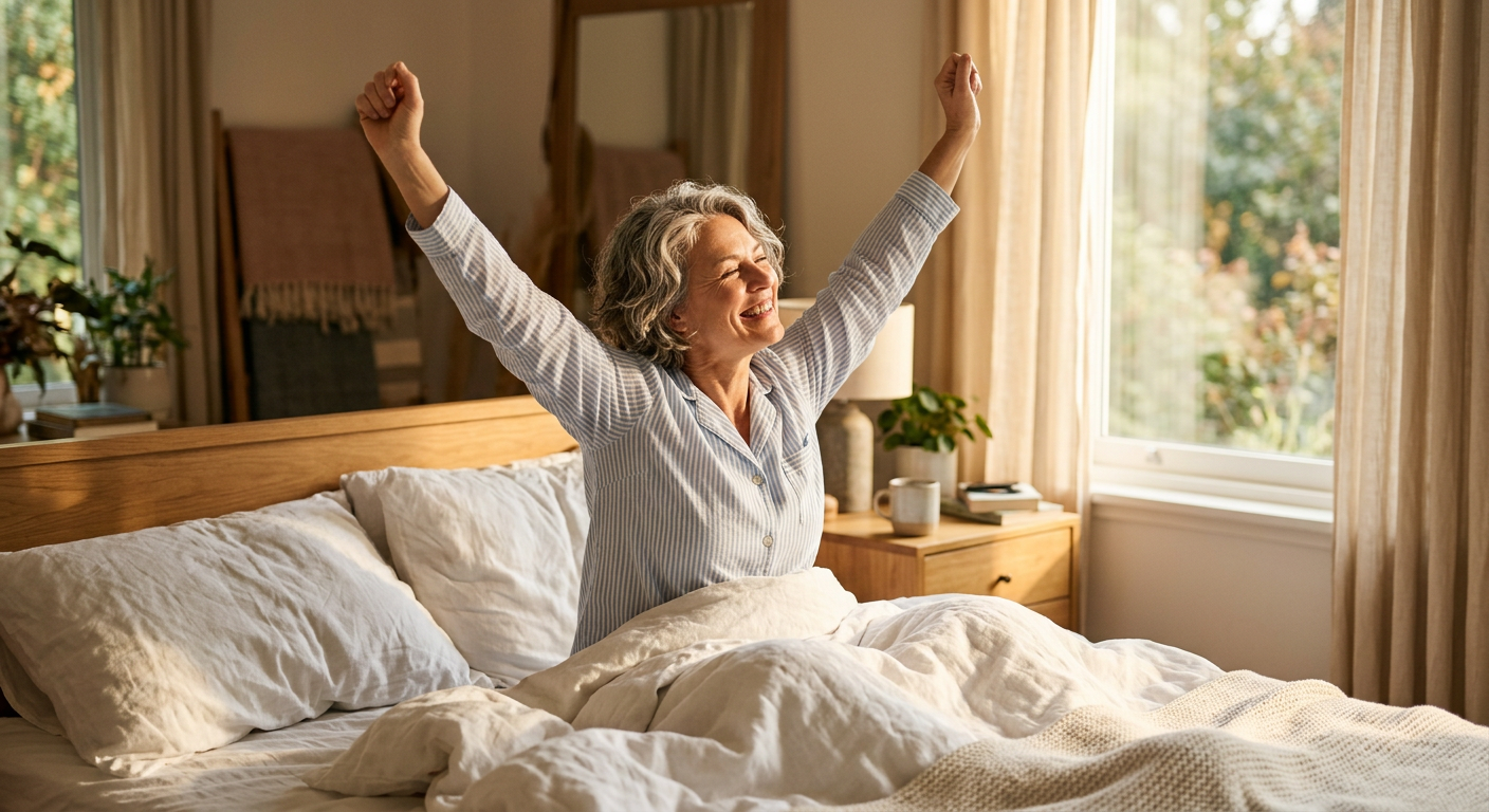 Person waking up refreshed and energized after a good night's sleep