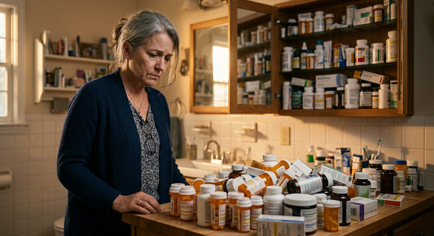 Various pills and supplements scattered with disappointed expression