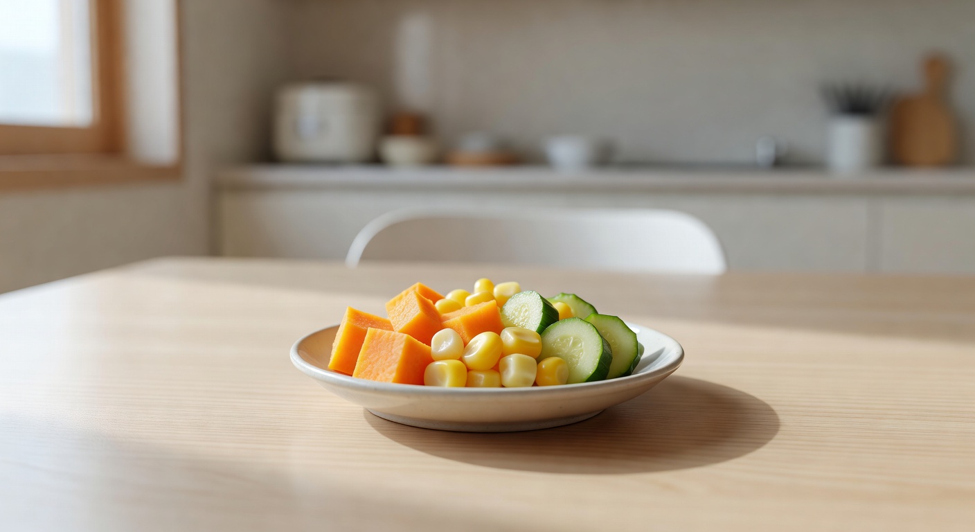 small child-sized plate with colorful soft vegetable pieces on a bright dining table