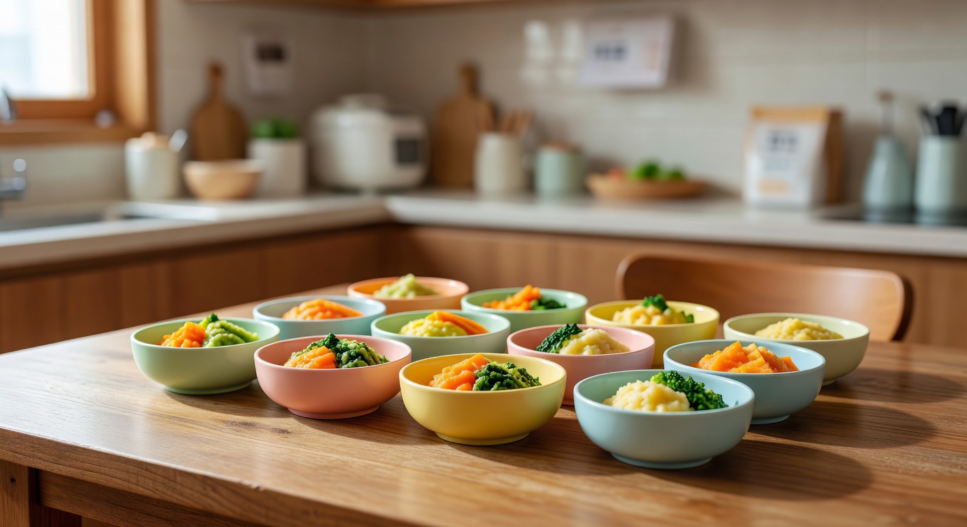 colorful baby food bowls with vegetables arranged on a wooden kitchen table