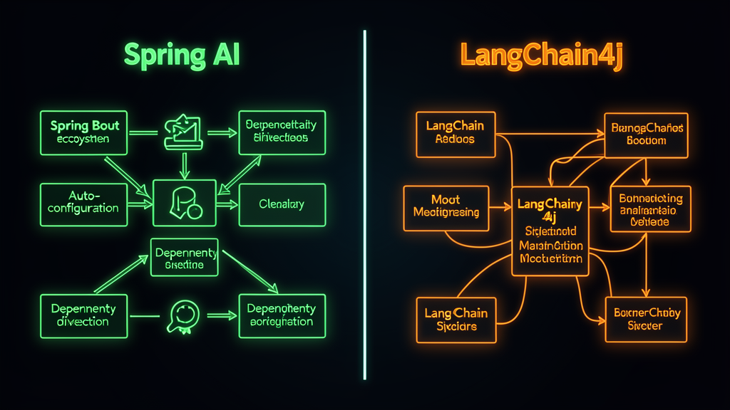 Spring AI vs LangChain4j architecture comparison — Spring AI integrates with existing Spring Boot components via auto-configuration, while LangChain4j requires manual wiring of each component