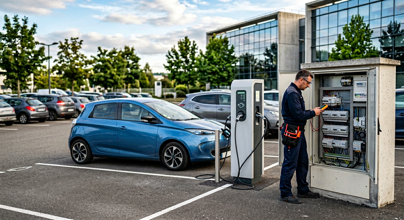 Borne de recharge électrique IRVE installée dans un parking tertiaire avec une voiture en charge et un technicien inspectant l'installation.