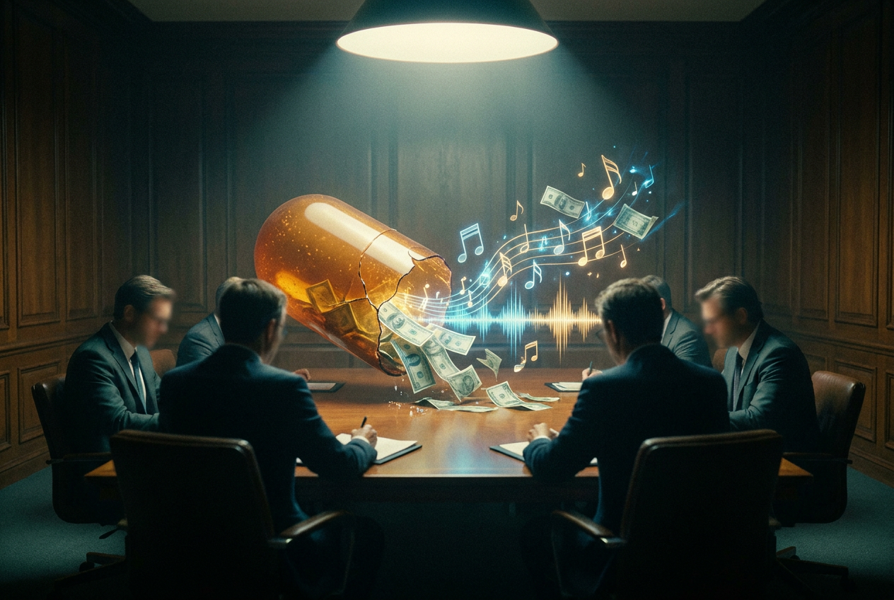 alt text: A massive pill capsule split open with musical notes and dollar bills spilling out, surrounded by shadowy figures in business suits looking the other way