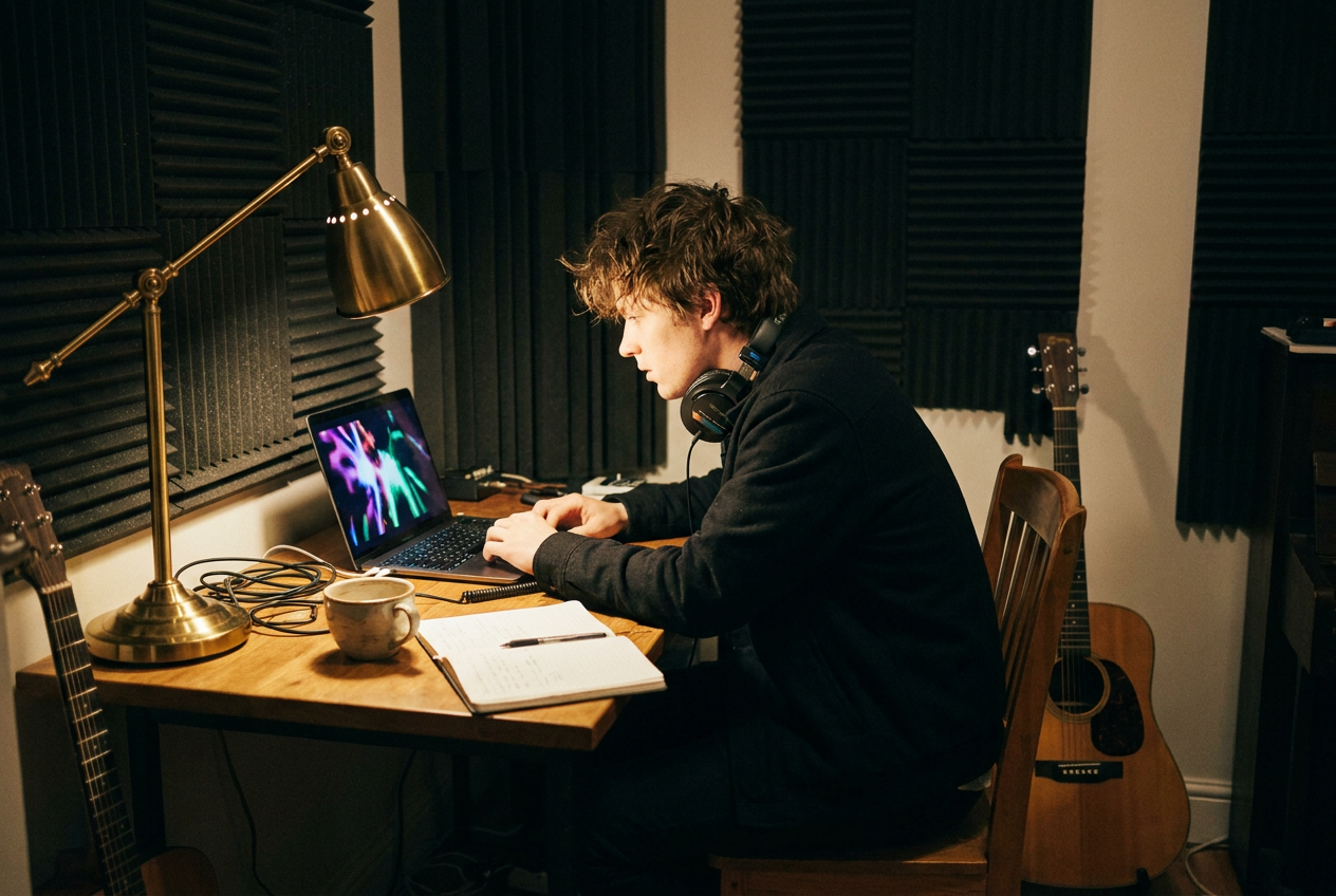 alt text: An independent musician reviewing AI-generated music video scenes on a laptop in a cozy home studio
