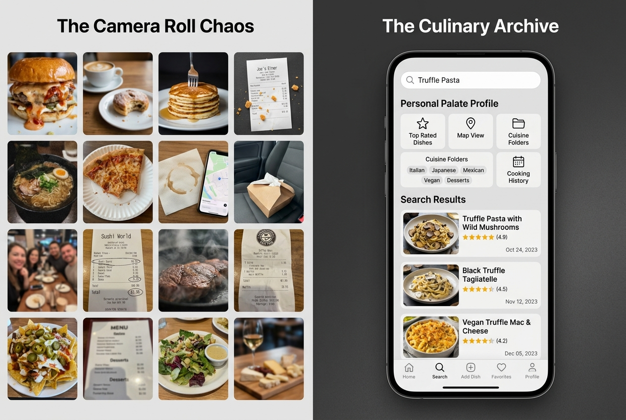 Comparison between a messy smartphone camera roll and an organized food tracking app interface for archiving restaurant dishes.
