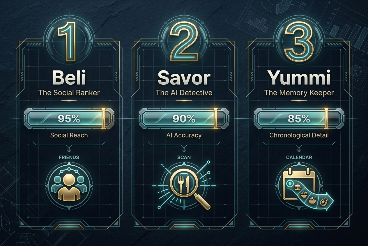 A feature comparison chart of Beli, Savor, and Yummi apps focusing on social ranking, AI dish recognition, and meal history.