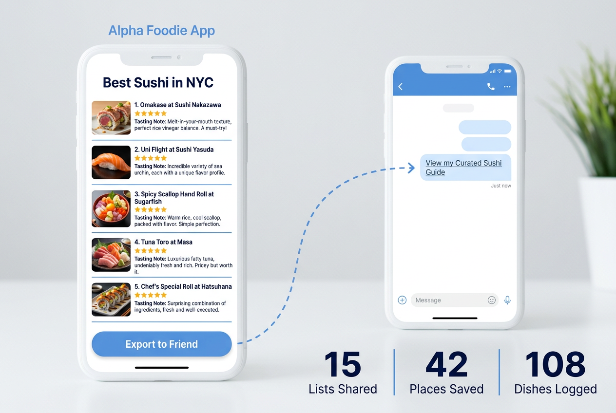 Smartphone mockup showing a curated ’Best Sushi’ list being exported and shared via a messaging app link.