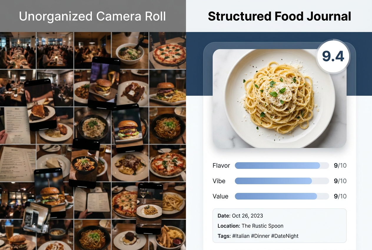 Comparison between a messy smartphone photo gallery and a structured food journal app interface showing dish ratings and organized restaurant data.