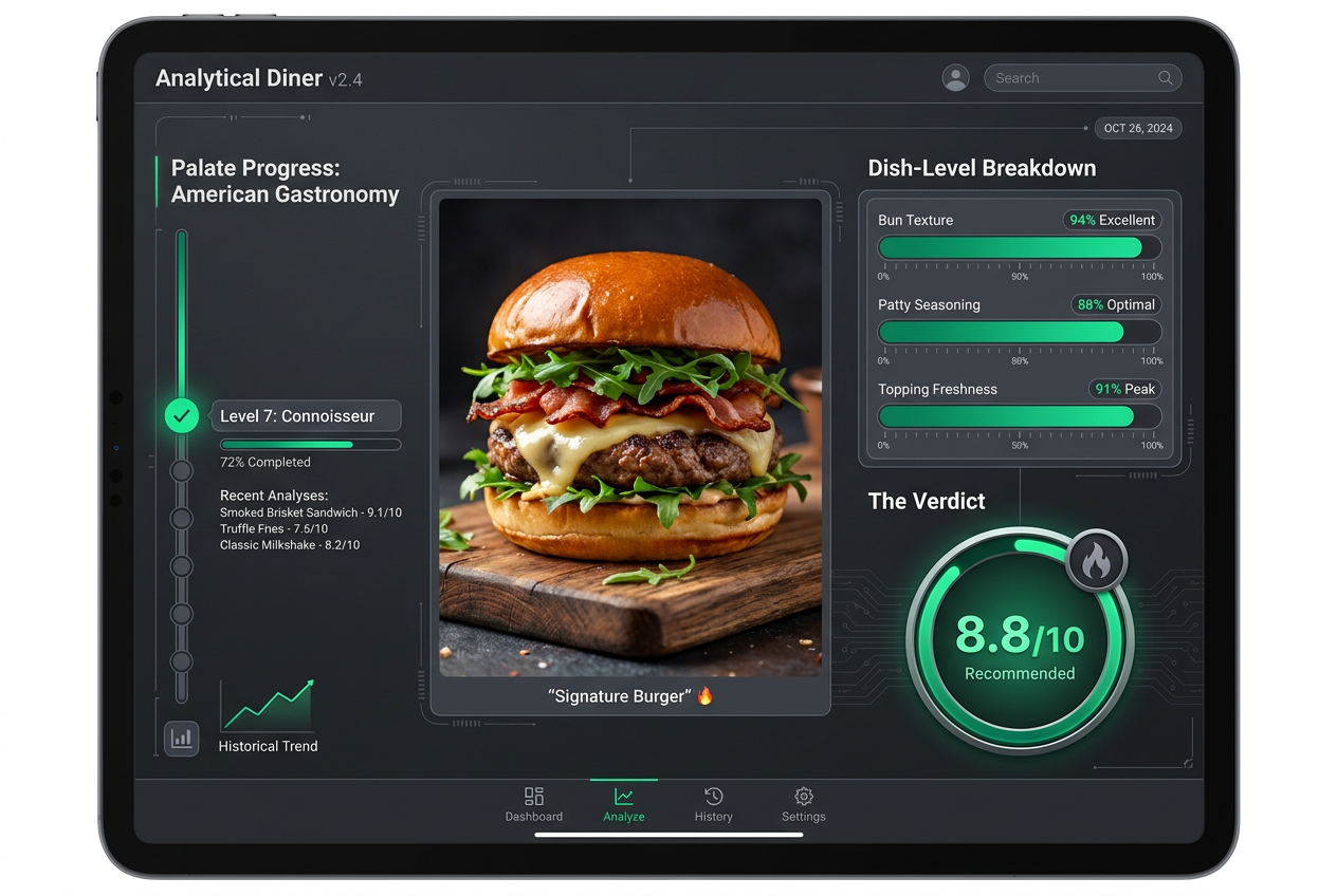 Detailed app interface showing dish-level rating metrics for a gourmet burger, including bun texture and seasoning bars with a numeric 8.8 score.