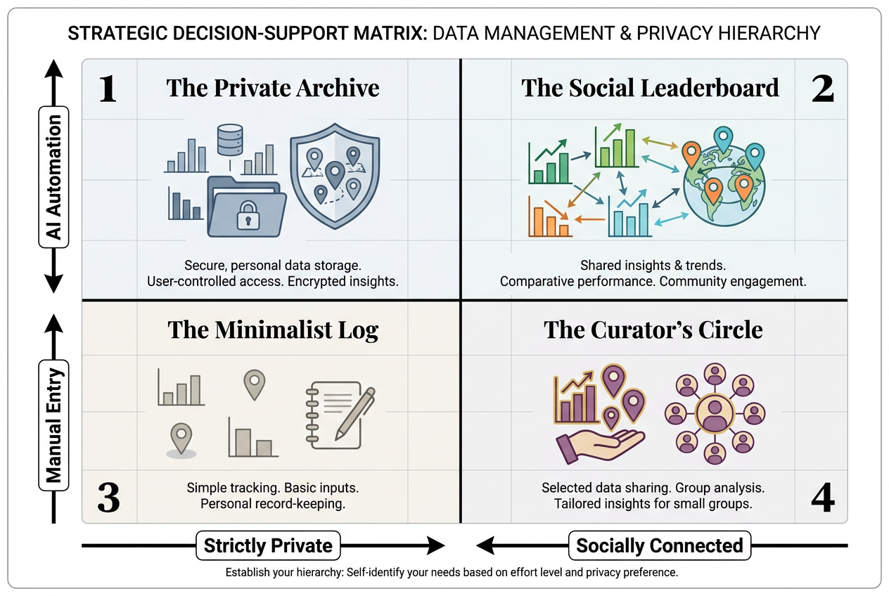 A 2x2 matrix comparing food journal apps based on privacy versus social features and manual entry versus AI automation levels.