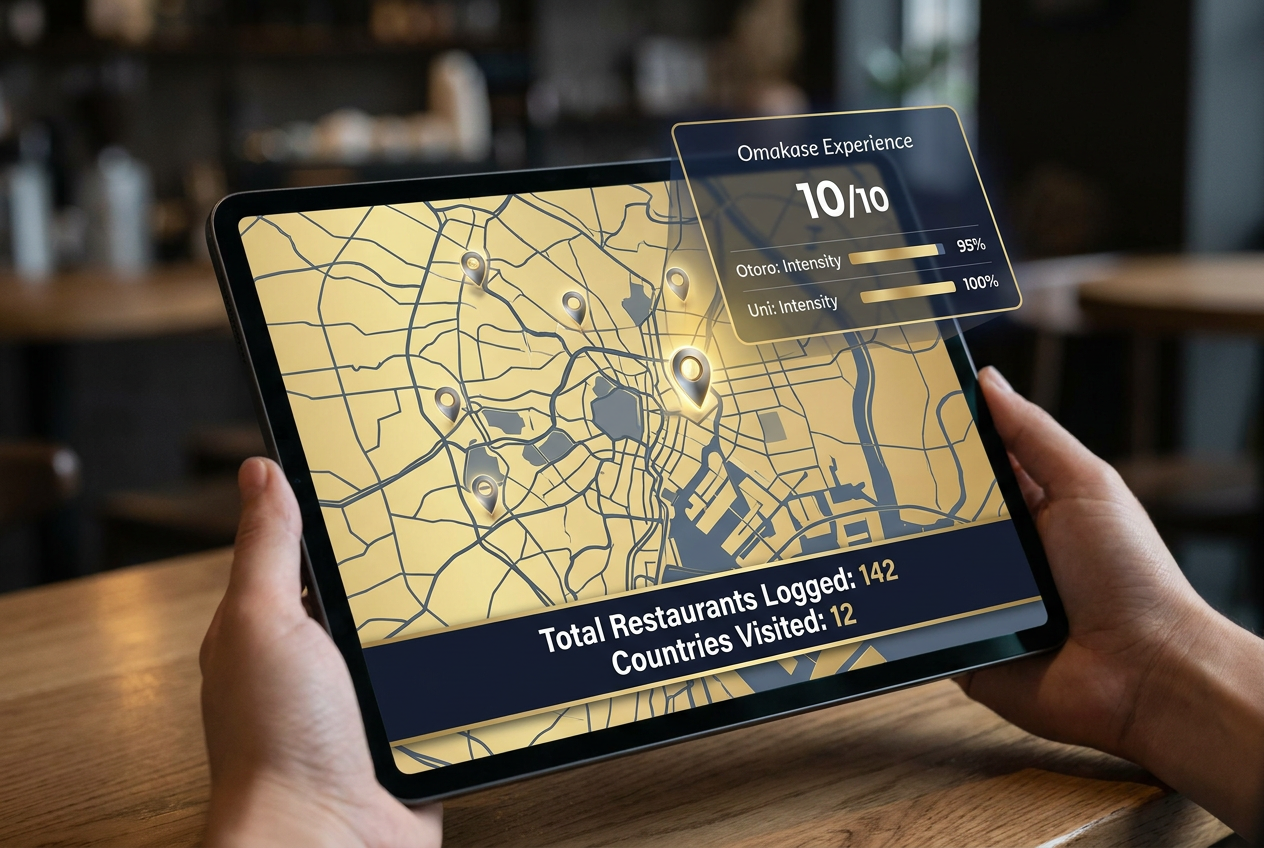 A minimalist map of Tokyo with digital pins and a floating UI card showing a 10/10 rating for an Omakase restaurant experience.
