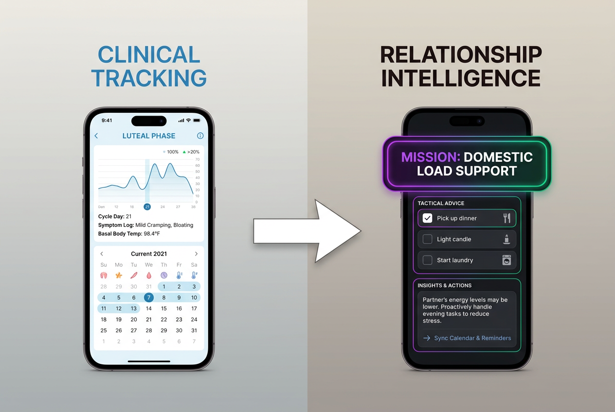 Comparison of traditional clinical cycle tracking versus modern relationship intelligence apps showing actionable missions and domestic support tasks.
