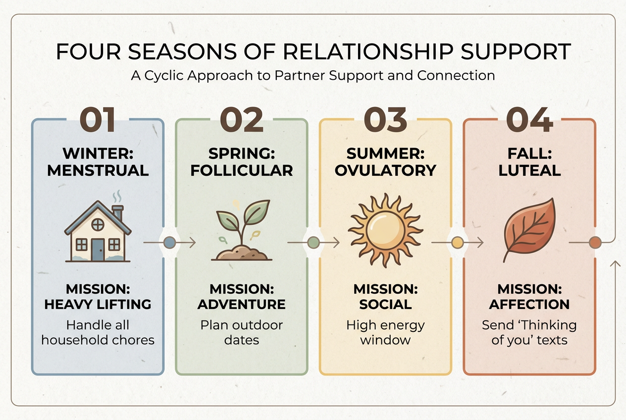 A cycle framework diagram translating the four menstrual phases into seasonal relationship missions like ’Heavy Lifting’ and ’Affection’.