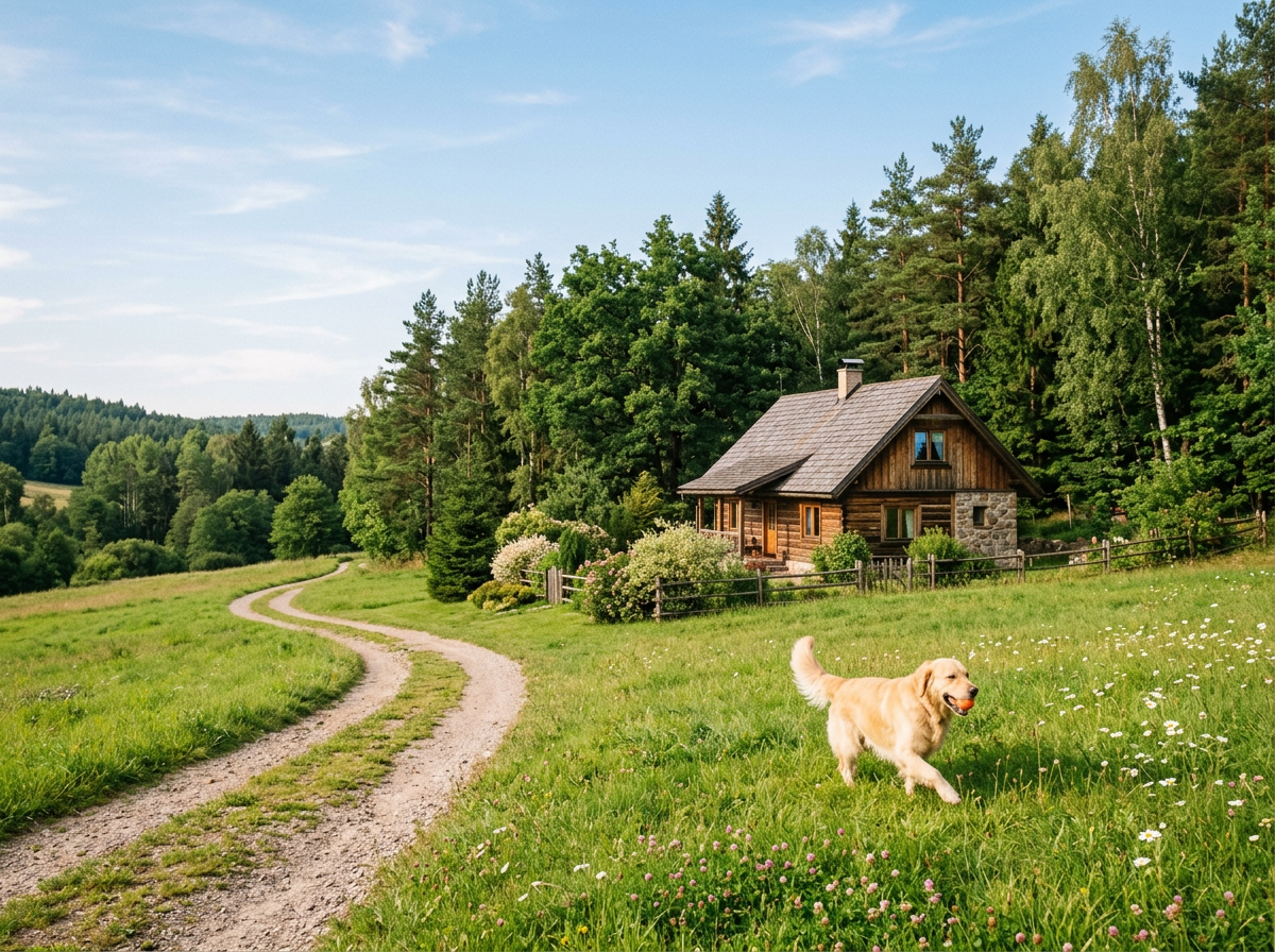 Zrelaksowany krajobraz z przytulną chatką, szczęśliwym psem bawiącym się piłką na trawie, idealny na wakacje z psem.