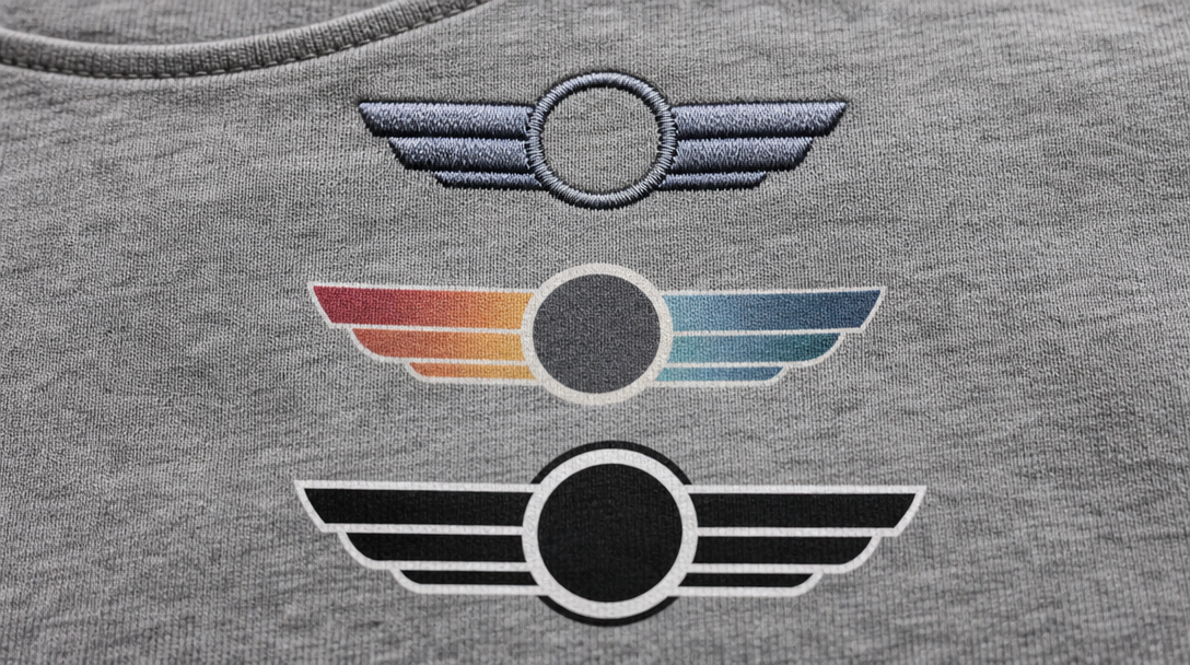 Comparison of decoration techniques on the same garment