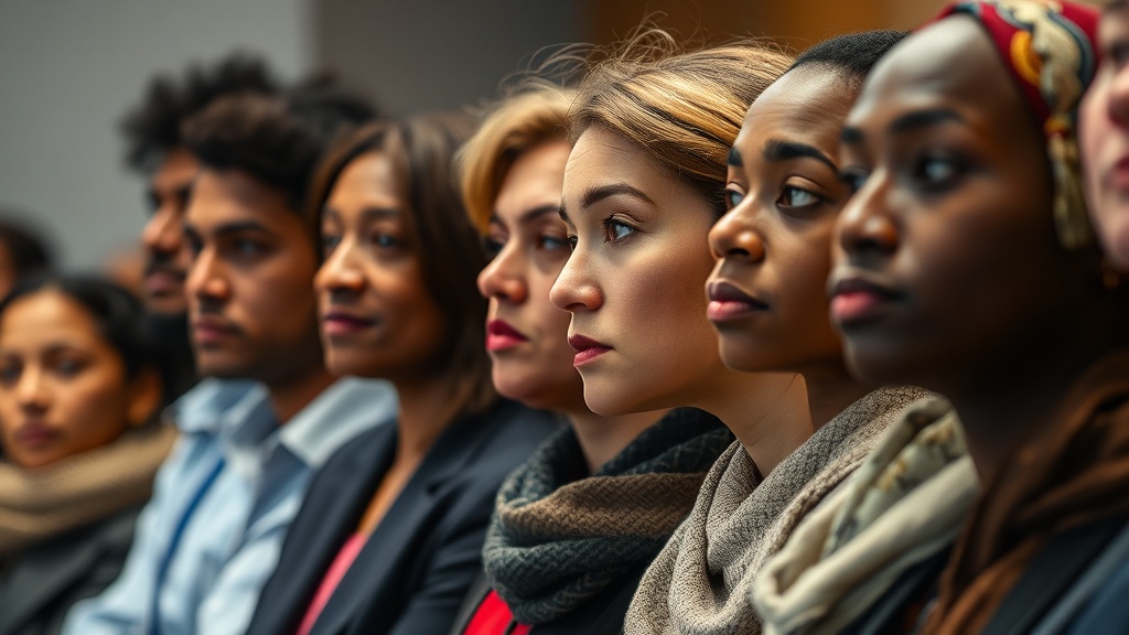 A press conference setting with IRCC officials discussing the new TR to PR initiative for Canada, focusing on the faces of diverse temporary workers in attendance, conveying hope and anticipation.