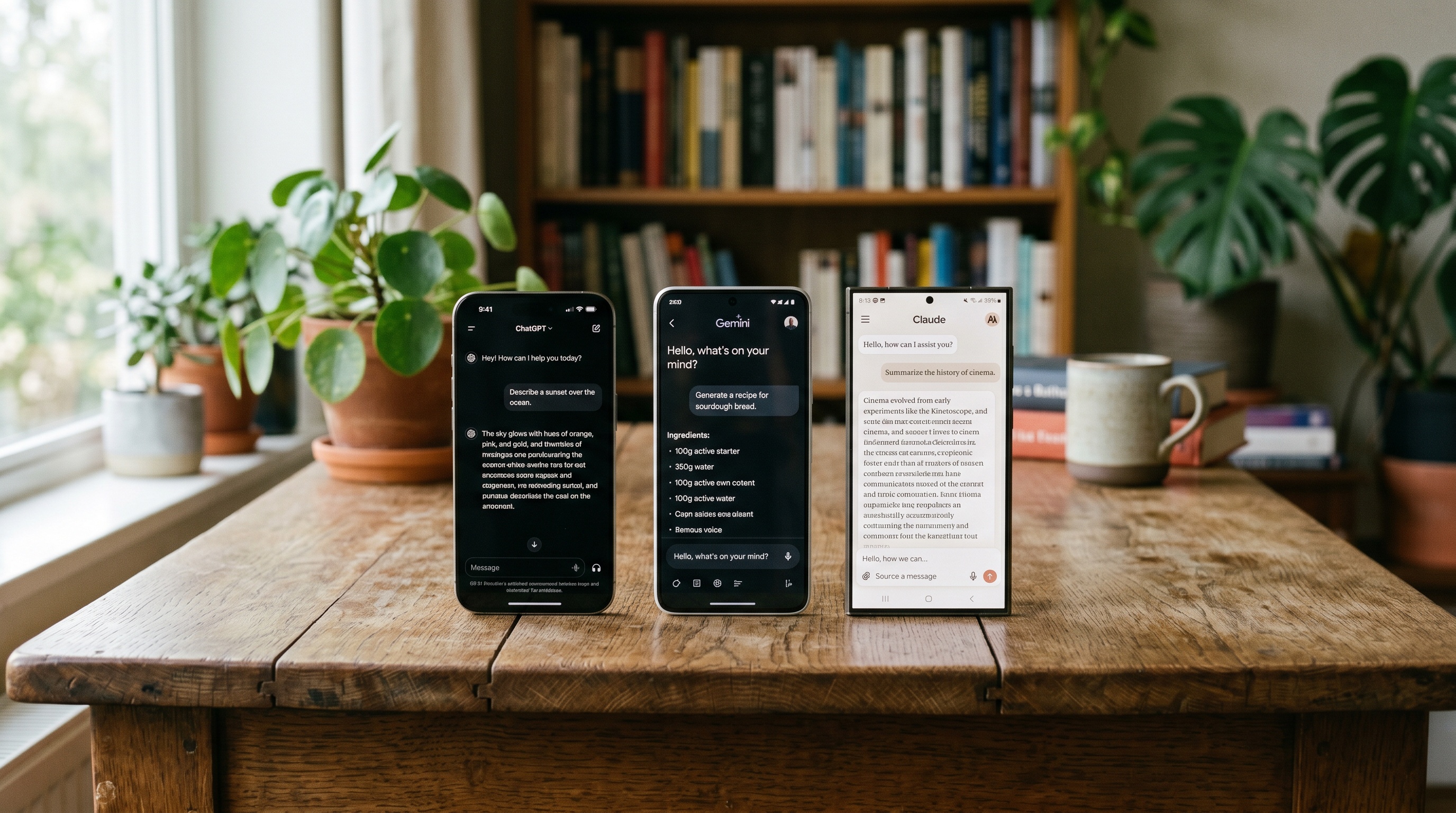 Trois smartphones côte à côte sur un bureau en bois, chacun affichant une interface IA différente, lumière naturelle douce