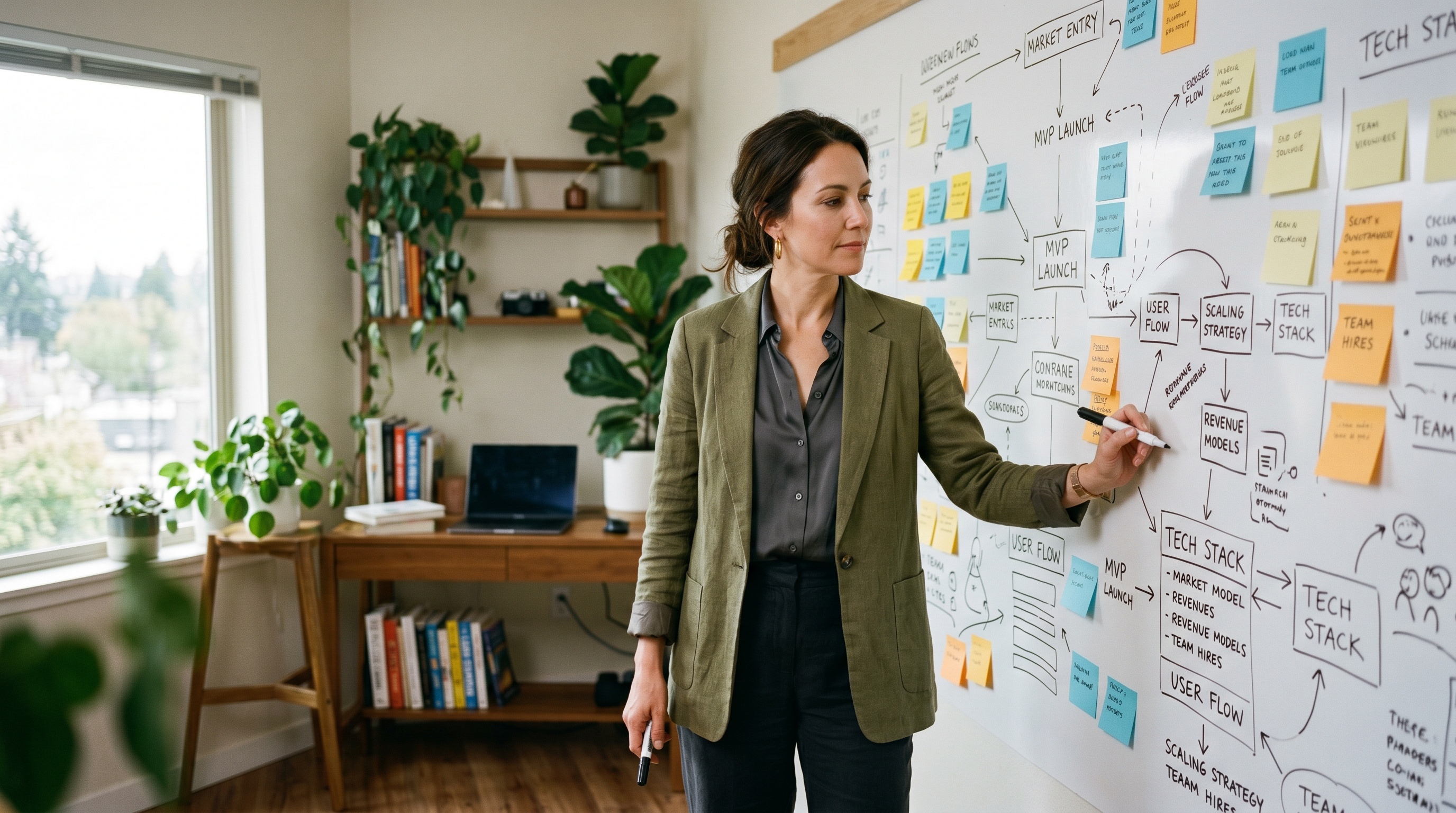 Dirigeante d'entreprise debout devant un grand tableau blanc couvert de notes manuscrites et de post-it qui cartographient ses processus métier
