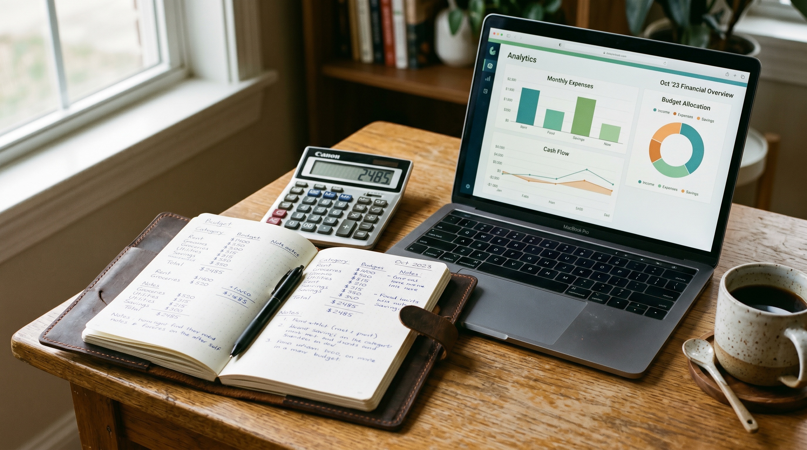 Carnet en cuir avec calculs de budget manuscrits, calculatrice et ordinateur portable affichant un dashboard analytique, lumière naturelle