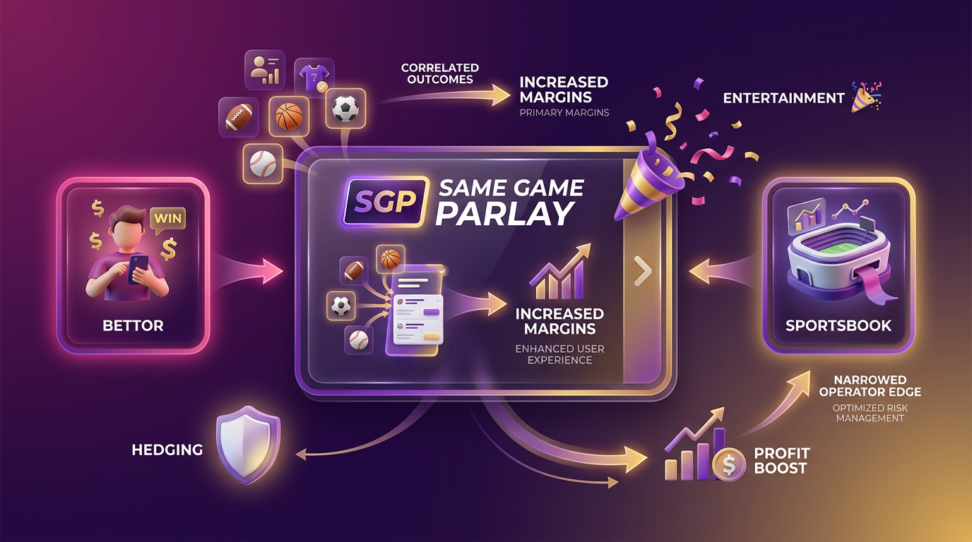 A vibrant 3D illustration of a Same Game Parlay card on a stylized pathway, flanked by glowing sportsbook and bettor icons, with floating outcome symbols.