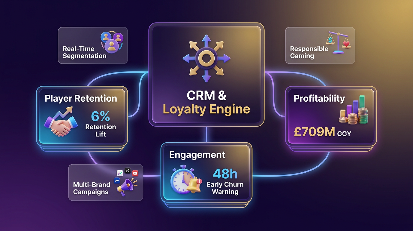 A vibrant 3D cluster with a central card labeled 'CRM & Loyalty Engine' and glowing connections to cards for 'Player Retention', 'Profitability', and 'Engage…