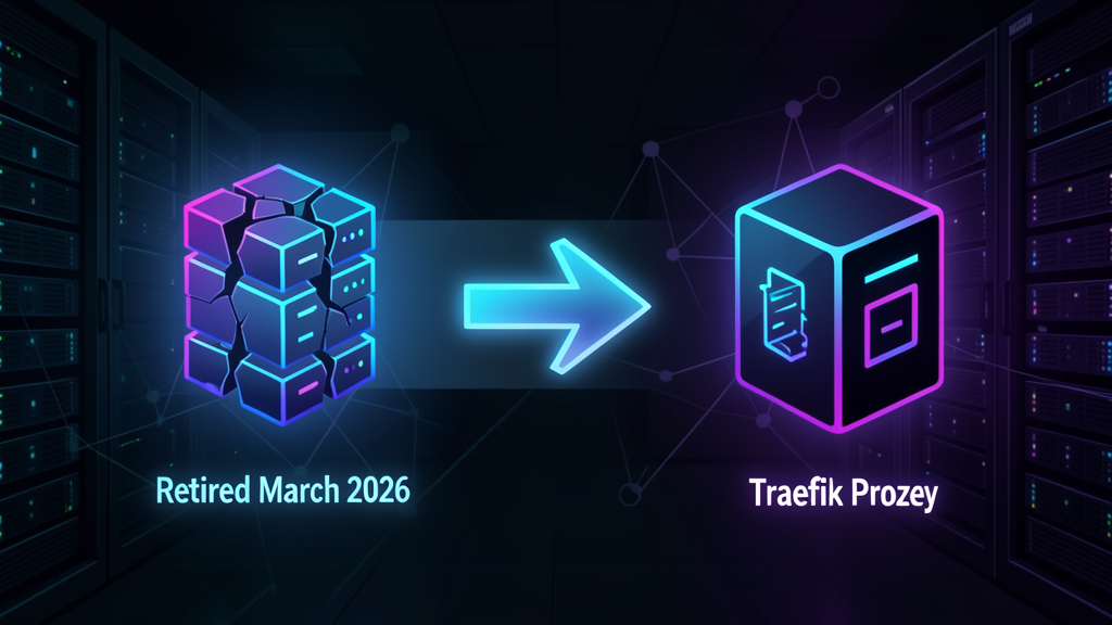 Dark tech illustration showing Kubernetes ingress migration from retired NGINX to modern Traefik proxy, with neon blue and purple accents