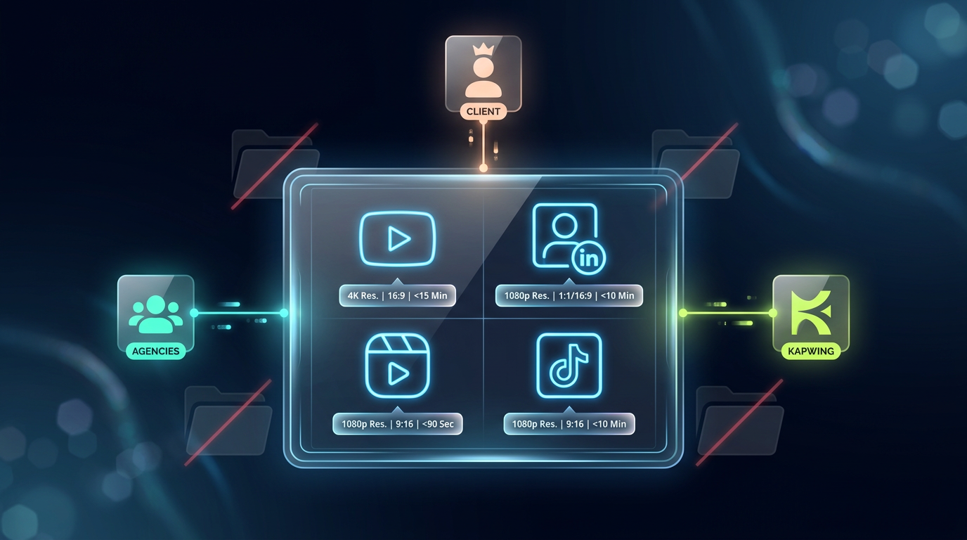 Futuristic SaaS marketing visual with a central versioning matrix, neon icons for social media, and semi-transparent avatars in a dark space.