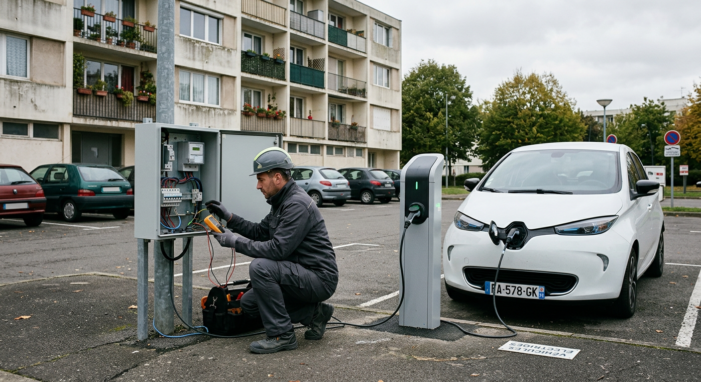Borne de recharge électrique IRVE en fonctionnement sur parking d'habitat social avec installateur vérifiant le tableau électrique.