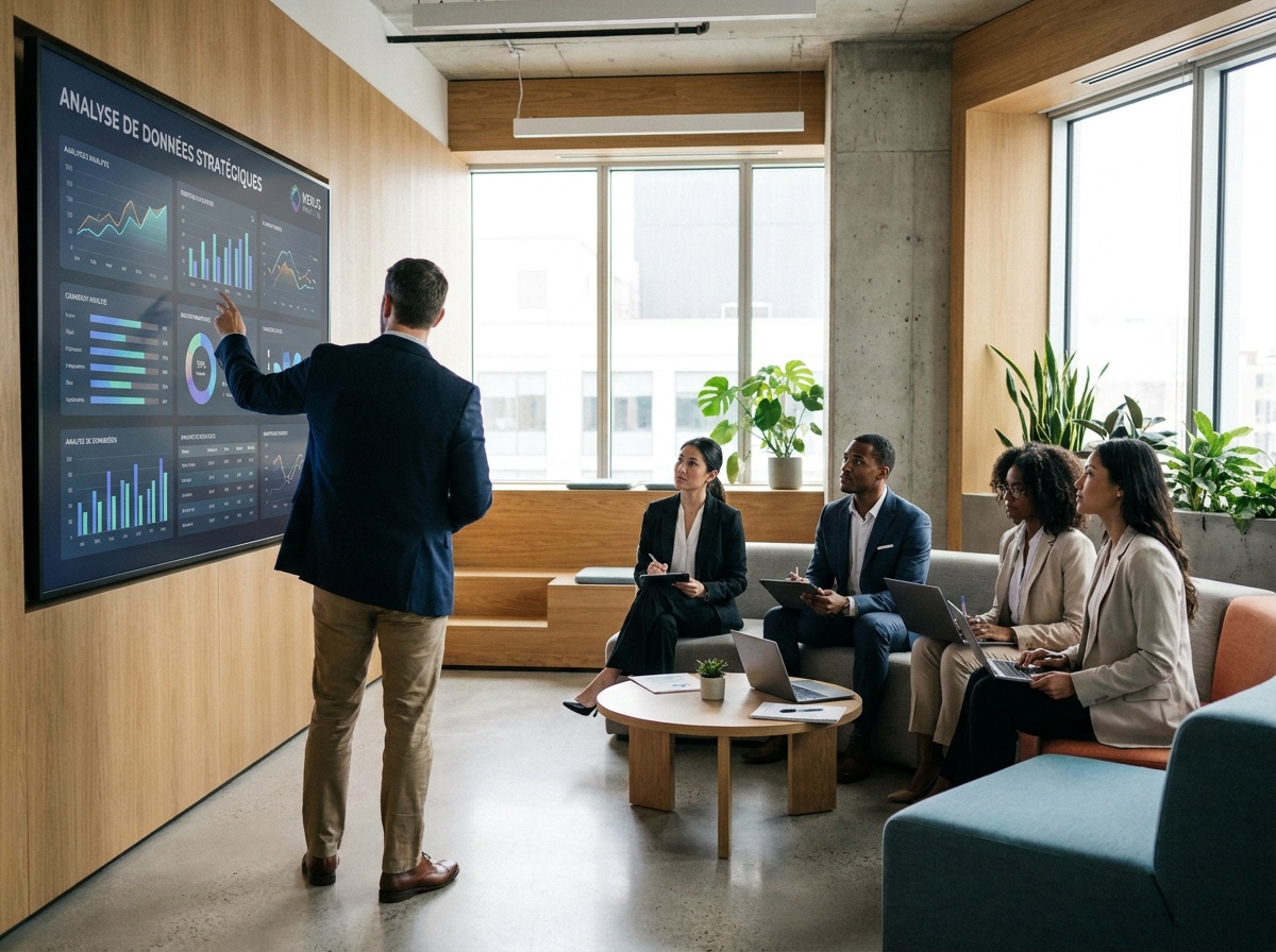 Equipe en formation regardant un expert présenter des données sur un grand écran