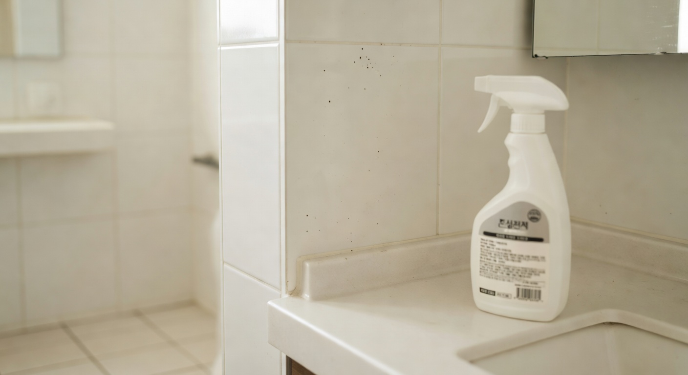 white bathroom wall with visible mold spots near the corner, cleaning spray bottle on the sink counter