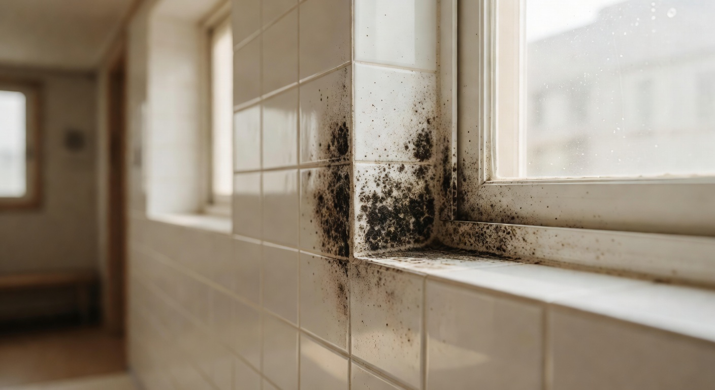 close-up of black mold growing on white wall tiles near a window in a Korean apartment