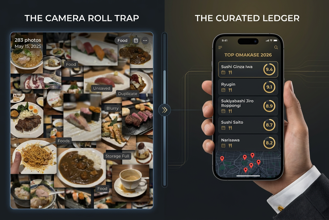 Comparison of a cluttered smartphone camera roll versus a professional restaurant tracking app interface with ranked lists and numerical ratings.