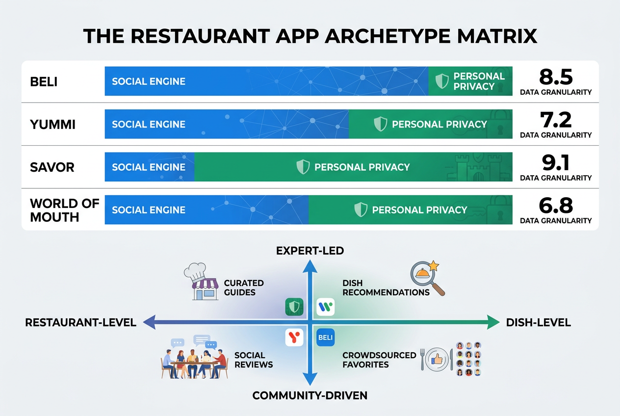 A comparison chart mapping restaurant apps Beli, Yummi, Savor, and World of Mouth across social vs private and expert vs community metrics.