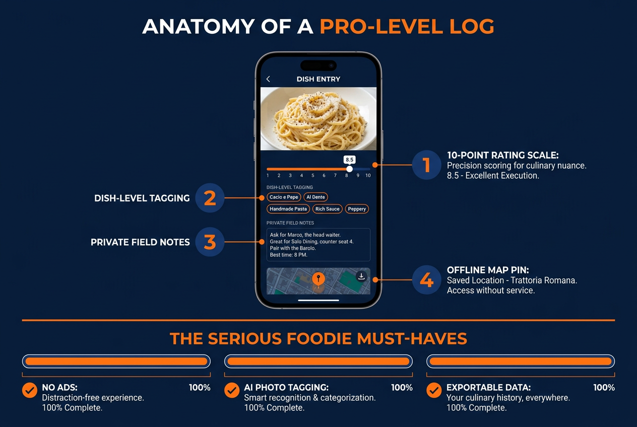 Infographic showing the essential features of a professional food tracking app including 10-point ratings, dish-level notes, and offline maps.