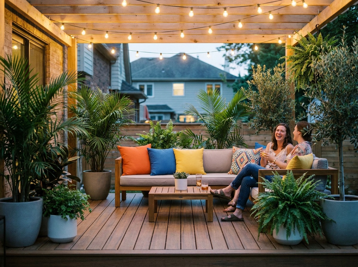 Terrasse en bois aménagée avec un salon de jardin design