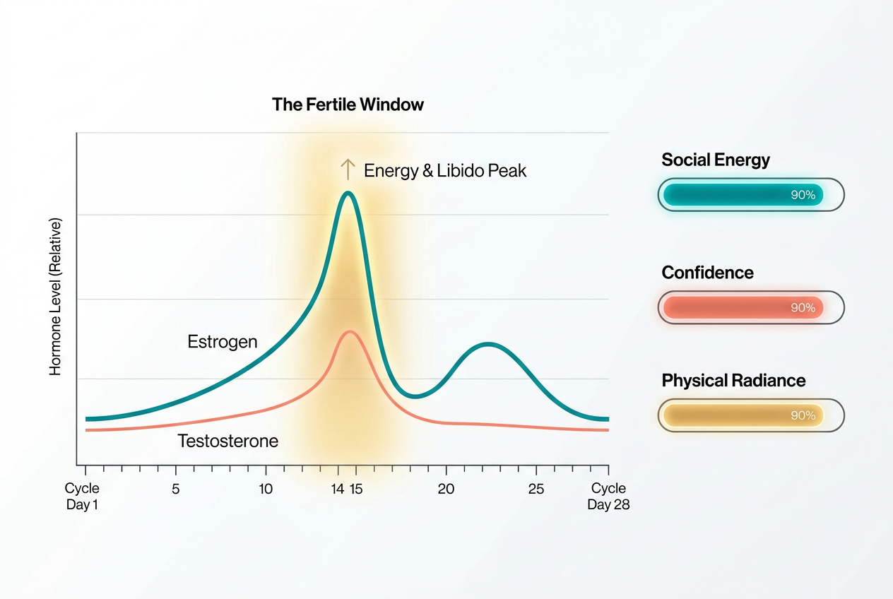 Graph showing the peak of estrogen and testosterone during the ovulation phase, highlighting the surge in social energy and libido for partners.